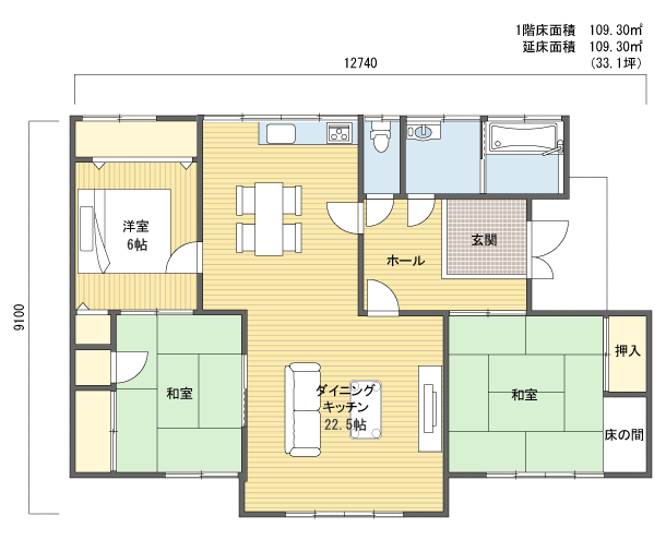 間取りプラン 1階建(平屋) 30?40坪 東玄関