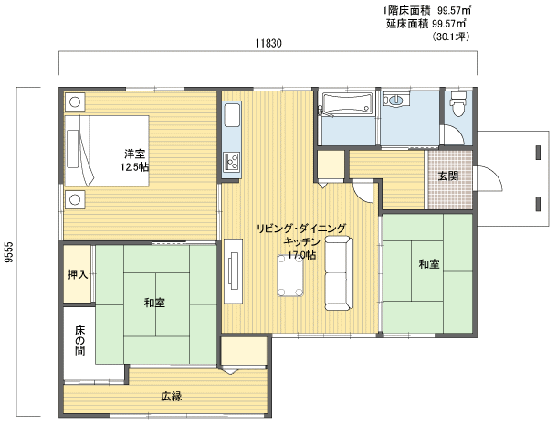 間取りプラン 1階建(平屋) 30?40坪 東玄関