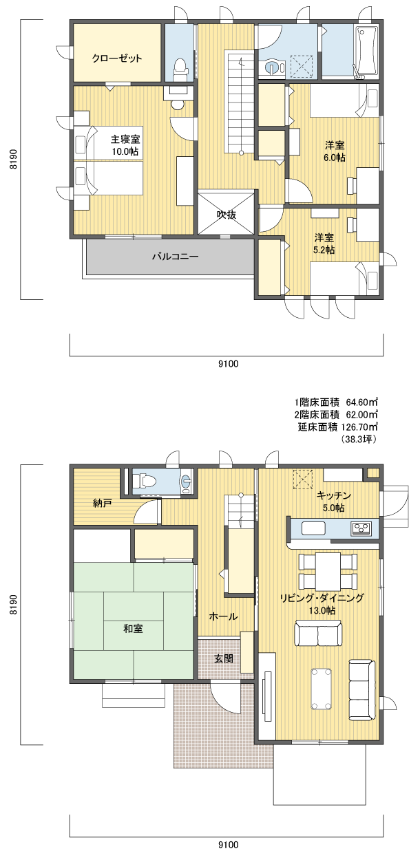 間取りプラン 2階建 30?40坪 南玄関